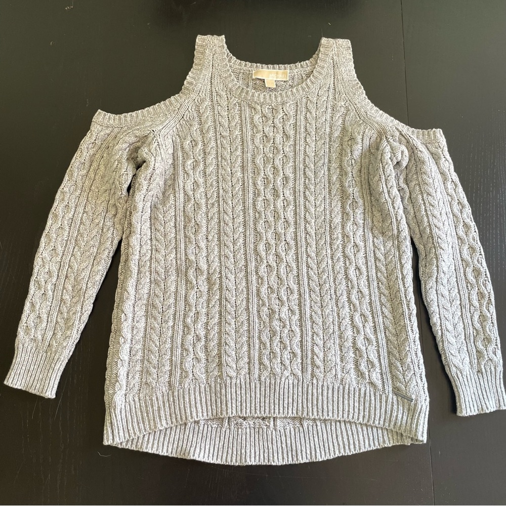 Michael Kors Cold-Shoulder Gray Cable Knit Merino Wool Sweater Size Large